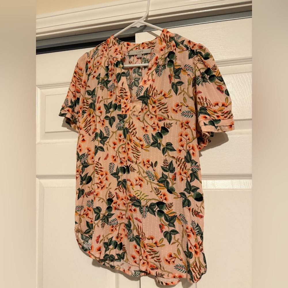 LOFT Orange Floral Blouse with Green Leaves